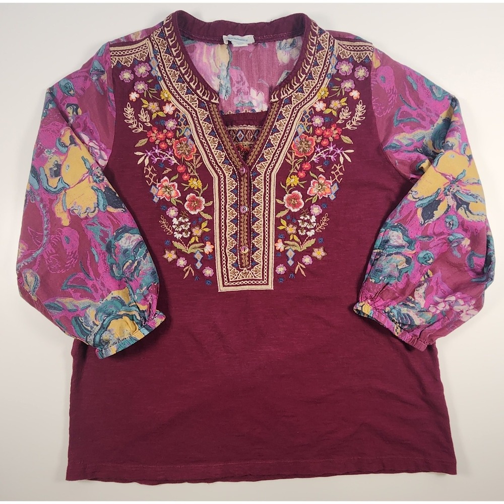 Sundance Women Boho Embroidered Floral V-Neck Mixed Media Blouse Size M - Picture 2 of 10